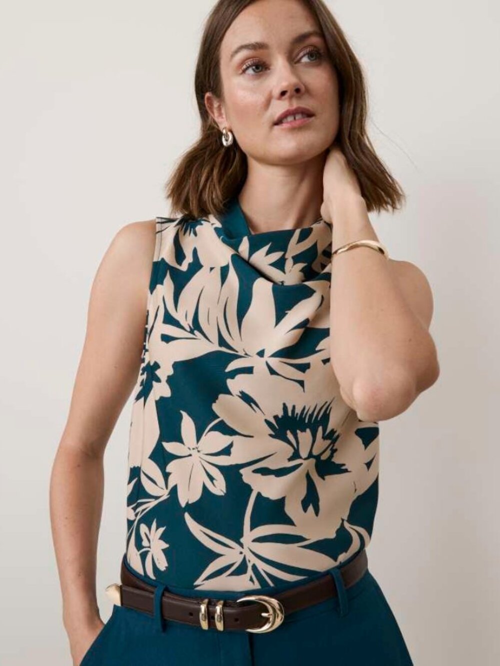 Ann Taylor Petite Floral Draped Cowl Neck Top Teal and Tan Size Petite Medium